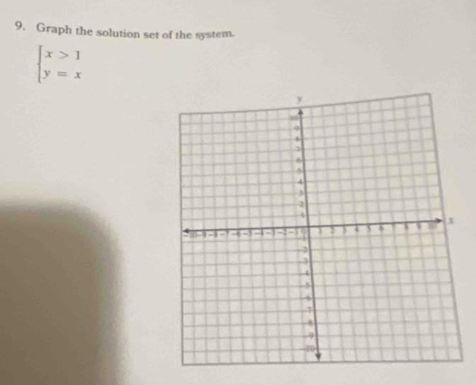 Graph the solution set of the system.
beginarrayl x>1 y=xendarray.