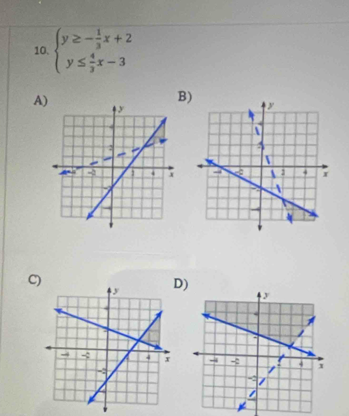 beginarrayl y≥ - 1/3 x+2 y≤  4/3 x-3endarray.
A)
B)
C
D)