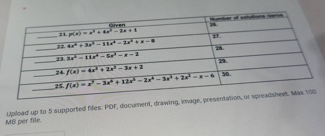 Upload up to 5 supported files: PDF, document, drawing, ima
MB per file.