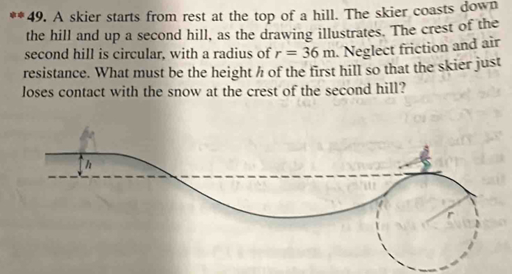 A skier starts from rest at the top of a hill. The skier coasts down 
the hill and up a second hill, as the drawing illustrates. The crest of the 
second hill is circular, with a radius of r=36m. Neglect friction and air 
resistance. What must be the height h of the first hill so that the skier just 
loses contact with the snow at the crest of the second hill?