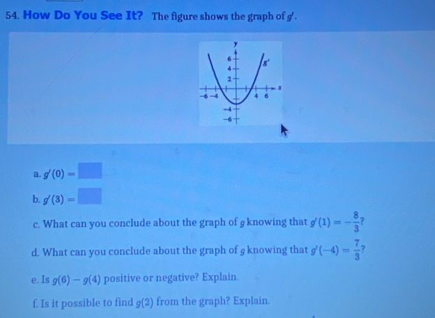 How Do You See It? The figure shows the graph of g .
a g'(0)=□
b. g'(3)=□
c. What can you conclude about the graph of g knowing that g'(1)=- 8/3  7
d. What can you conclude about the graph of g knowing that g'(-4)= 7/3  ?
e. Is g(6)-g(4) positive or negative? Explain.
f. Is it possible to find g(2) from the graph? Explain.