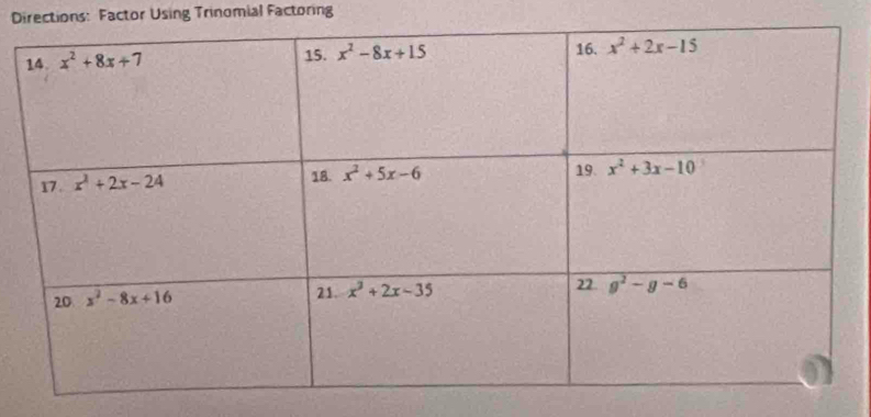 Directions: Factor Using Trinomial Factoring