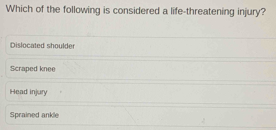 Which of the following is considered a life-threatening injury?
Dislocated shoulder
Scraped knee
Head injury
Sprained ankle