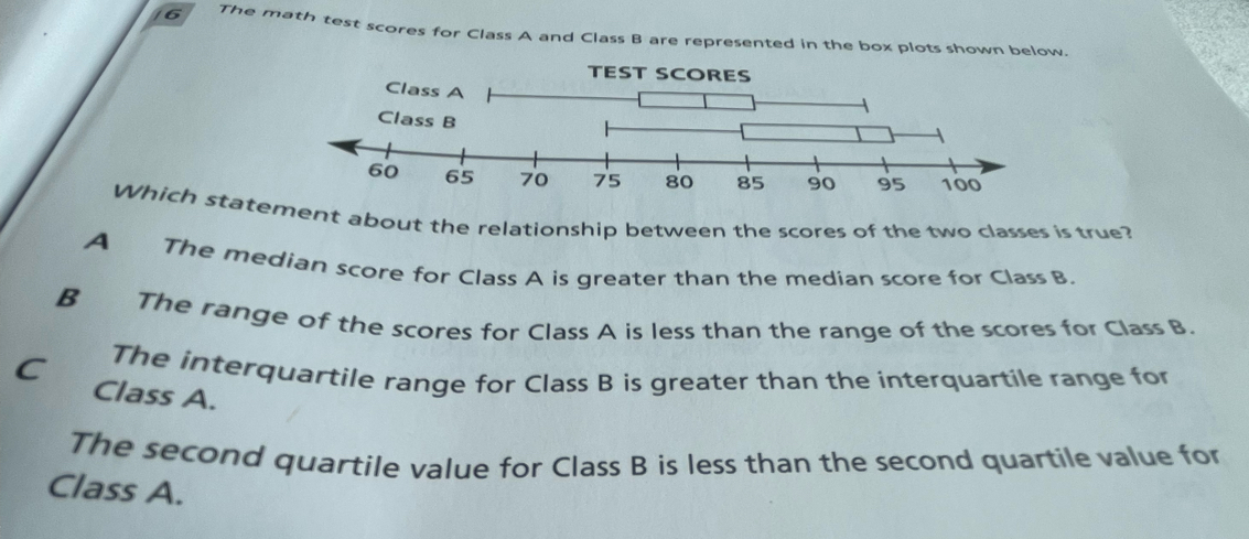 The math test scores for Class A and Class B are represented in the box plots shown below,
TEST SCORES
Which statement about the relationship between the scores of the two classes is true?
A The median score for Class A is greater than the median score for Class B.
B The range of the scores for Class A is less than the range of the scores for Class B.
The interquartile range for Class B is greater than the interquartile range for
C Class A.
The second quartile value for Class B is less than the second quartile value for
Class A.