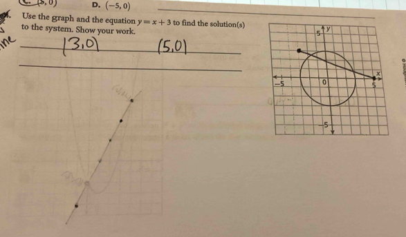 (-5,0) _ 
Use the graph and the equation y=x+3 to find the solution(s) 
to the system. Show your work. 
_ 
_