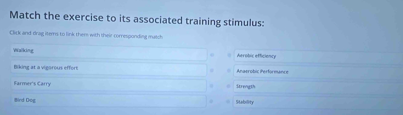 Match the exercise to its associated training stimulus:
Click and drag items to link them with their corresponding match
Walking Aerobic efficiency
C
Biking at a vigorous effort Anaerobic Performance
Farmer's Carry Strength
Bird Dog Stability