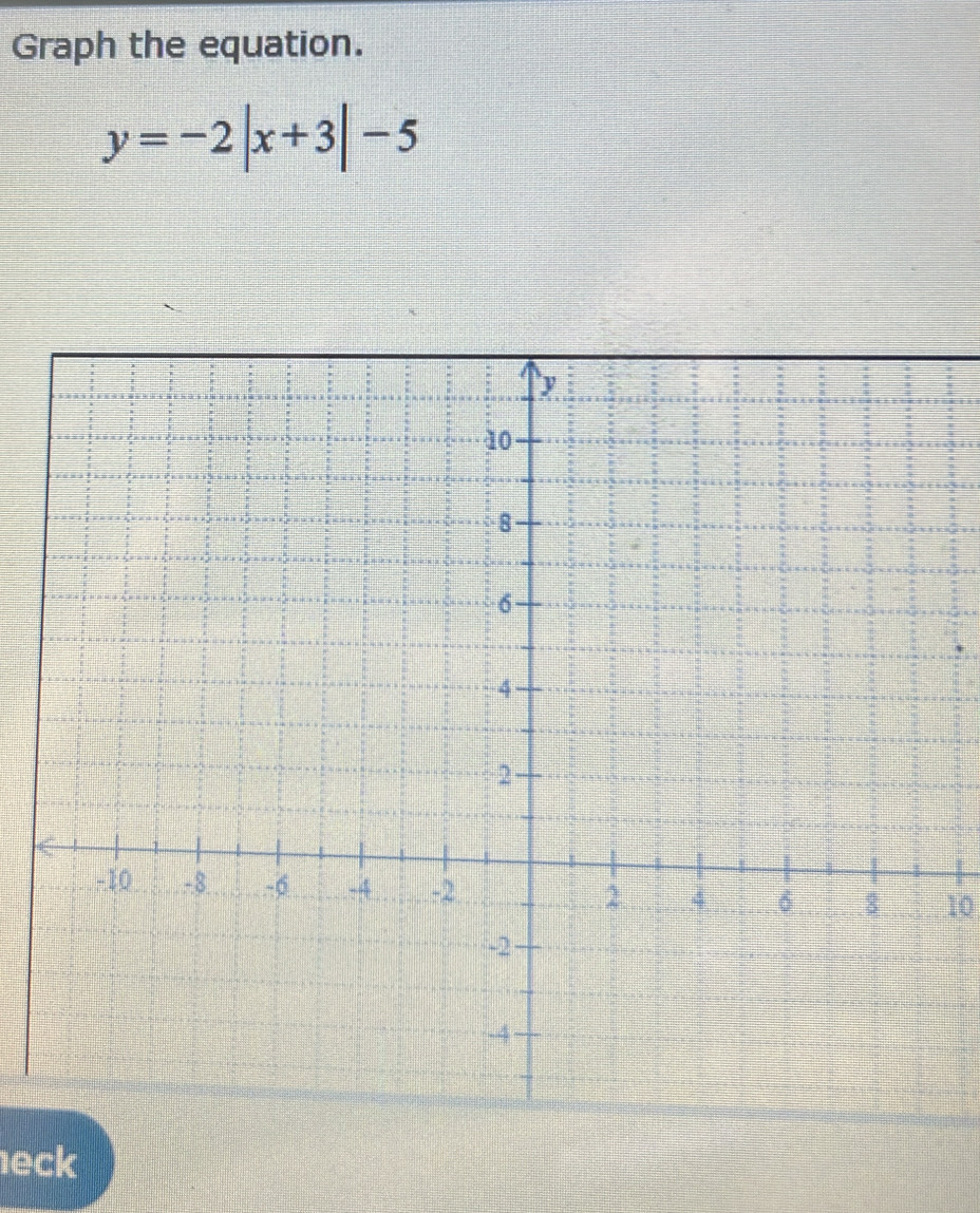 Graph the equation.
y=-2|x+3|-5
10 
eck