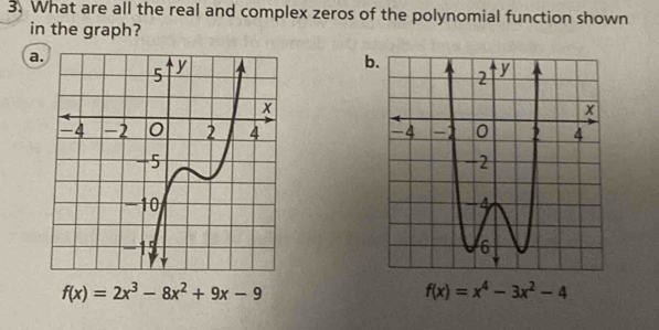 What are all the real and complex zeros of the polynomial function shown 
in the graph? 
a 
b

f(x)=2x^3-8x^2+9x-9
f(x)=x^4-3x^2-4