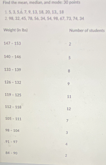 Find the mean, median, and mode: 30 points 
1. 5, 3, 5, 6, 7, 9, 13, 18, 20, 13,, 18
2. 98, 32, 45, 78, 56, 34, 54, 98, 67, 73, 74, 34
Weight (in lbs) Number of students
147-153
2
140-146
5
133-139
8
126-132
9
119-125
11
112-118
12
105-111
7
98-104
3
91-97
4
84-90
2