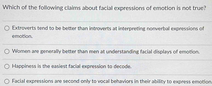 Which of the following claims about facial expressions of emotion is ...