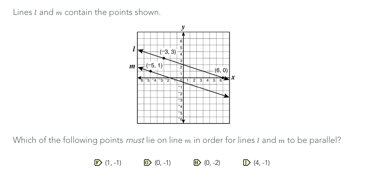 Lines I and m contain the points shown.
Which of the following points must lie on line m in order for lines I and m to be parallel?
(1,-1) C (0,-1) H (0,-2) (4,-1)