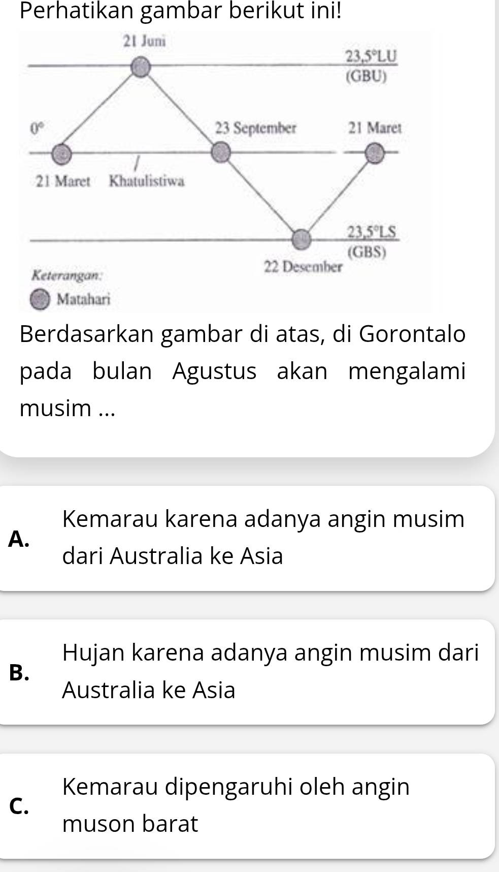 Perhatikan gambar berikut ini!
Berdasarkan gambar di atas, di Gorontalo
pada bulan Agustus akan mengalami
musim ...
Kemarau karena adanya angin musim
A.
dari Australia ke Asia
Hujan karena adanya angin musim dari
B.
Australia ke Asia
Kemarau dipengaruhi oleh angin
C.
muson barat