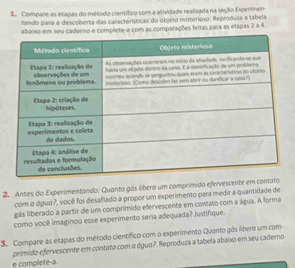 Compare as etapas do método científico com a atividade realizada na seção Experimen- 
tando para a descoberta das características do objeto misterioso. Reproduza a tabela 
erno e complete-a com as comparações feitas para as etapas 2 a 4. 
2. Antes do Experimentando: Quanto gás libera um comprímido efervescente em con 
com α água?, você foi desafiado a propor um experimento para medir a quantidade de 
gás liberado a partir de um comprimido efervescente em contato com a água. A forma 
como você imaginou esse experimento sería adequada? Justifique. 
3. Compare as etapas do método científico com o experimento Quanto gãs líbera um com- 
primido efervescente em contato com α água?. Reproduza a tabela abaixo em seu caderno 
e complete-a.