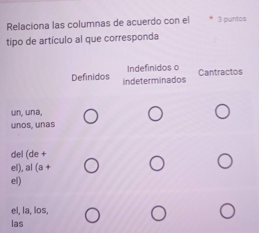 Relaciona las columnas de acuerdo con el 3 puntos
tipo de artículo al que corresponda
Indefinidos o
Definidos Cantractos
indeterminados
un, una,
unos, unas
del (de +
el), al (a +
el)
el, la, los,
las