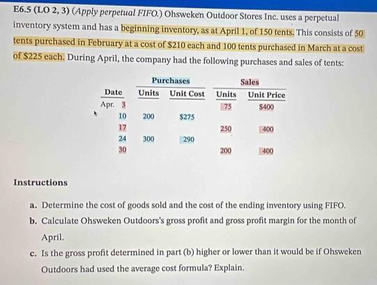 E6.5 (LO 2, 3) (Apply perpetual FIFO.) Ohsweken Outdoor Stores Inc. uses a perpetual 
inventory system and has a beginning inventory, as at April 1, of 150 tents. This consists of 50
tents purchased in February at a cost of $210 each and 100 tents purchased in March at a cost 
of $225 each. During April, the company had the following purchases and sales of tents: 
Instructions 
a. Determine the cost of goods sold and the cost of the ending inventory using FIFO. 
b. Calculate Ohsweken Outdoors's gross profit and gross profit margin for the month of 
April. 
c. Is the gross profit determined in part (b) higher or lower than it would be if Ohsweken 
Outdoors had used the average cost formula? Explain.