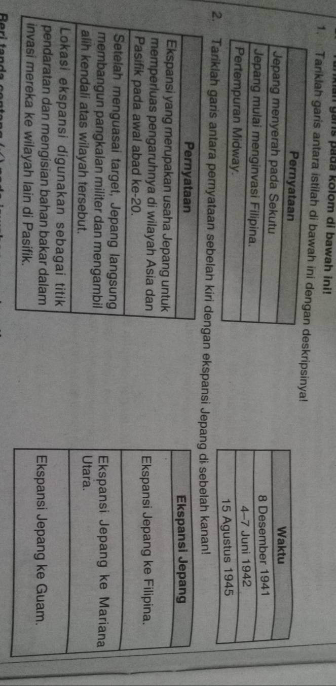 ian gans pada kolom di bawah ini!
1. Tariklah garis antara istilah di bawkripsinya!

2 Tariklah garis antara pernyataan sebelaekspansi Jepang di sebelah kanan!
Ekspansi Jepang
Ekspansi Jepang ke Filipina.
Ekspansi Jepang ke Mariana
Utara.
Ekspansi Jepang ke Guam.
Rari far