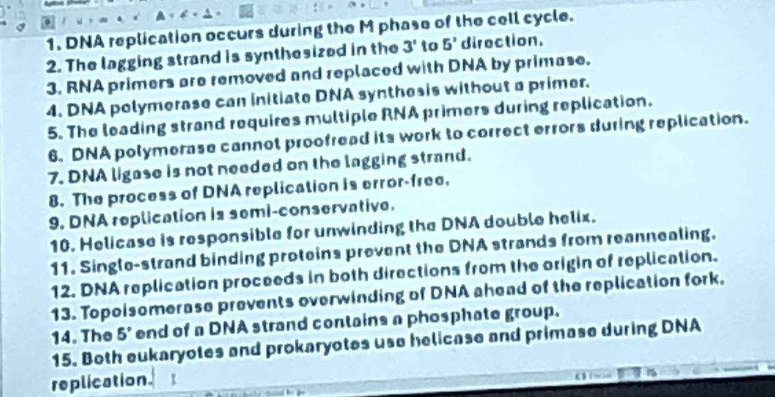 DNA replication occurs during the M phase of the cell cycle. 
2. The lagging strand is synthesized in the 3' to 5' direction. 
3. RNA primers are removed and replaced with DNA by primase. 
4. DNA polymerase can initiate DNA synthesis without a primer. 
5. The leading strand requires multiple RNA primers during replication. 
6. DNA polymerase cannot proofread its work to correct errors during replication. 
7. DNA ligase is not needed on the lagging strand. 
8. The process of DNA replication is error-free. 
9. DNA replication is semi-conservative. 
10. Helicase is responsible for unwinding the DNA double helix. 
11. Single-strand binding proteins prevent the DNA strands from reannealing. 
12. DNA replication proceeds in both directions from the origin of replication. 
13. Topoisomerase prevents overwinding of DNA ahead of the replication fork. 
14. The 5° end of a DNA strand contains a phosphate group. 
15. Both eukaryotes and prokaryotes use helicase and primase during DNA 
replication