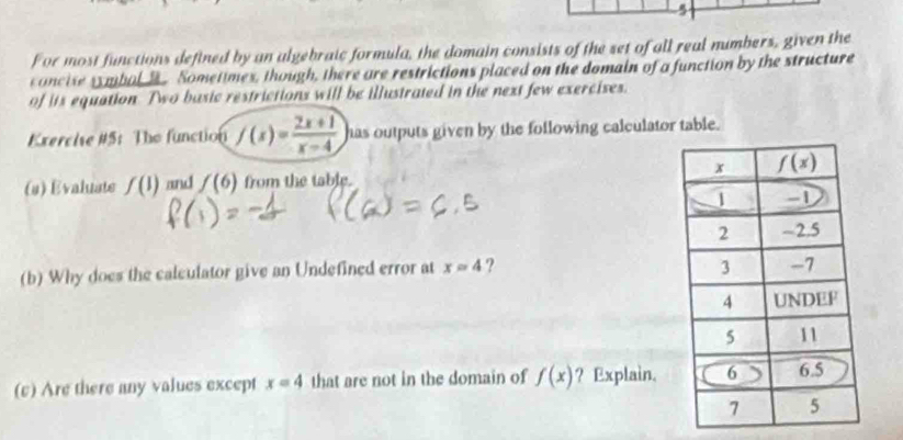 For most functions defined by an algebraic formula, the domain consists of the set of all real numbers, given the
concise symbal S Somettmes, though, there are restrictions placed on the domain of a function by the structure
of its equation. Two basic restrictions will be illustrated in the next few exercises.
Exercive #5: The function f(x)= (2x+1)/x-4  has outputs given by the following calculator table.
(#) Evaluate f(I) and f(6) from the table. 
(b) Why does the calculator give an Undefined error at x=4 ? 
(c) Are there any values except x=4 that are not in the domain of f(x) ? Explain.