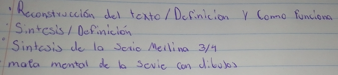 Reconstruccion del texto / Dcfinicion V Como funciona 
Sintesis / Definicion 
Sintesis do la Sciic Mellina 3/4
mota montal de ba Scvie con diboJos