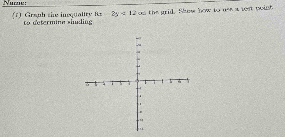 Name: 
(1) Graph the inequality 6x-2y<12</tex> on the grid. Show how to use a test point 
to determine shading.