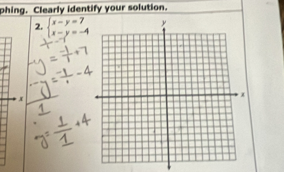 phing. Clearly identify your solution. 
2. beginarrayl x-y=7 x-y=-4endarray.
x