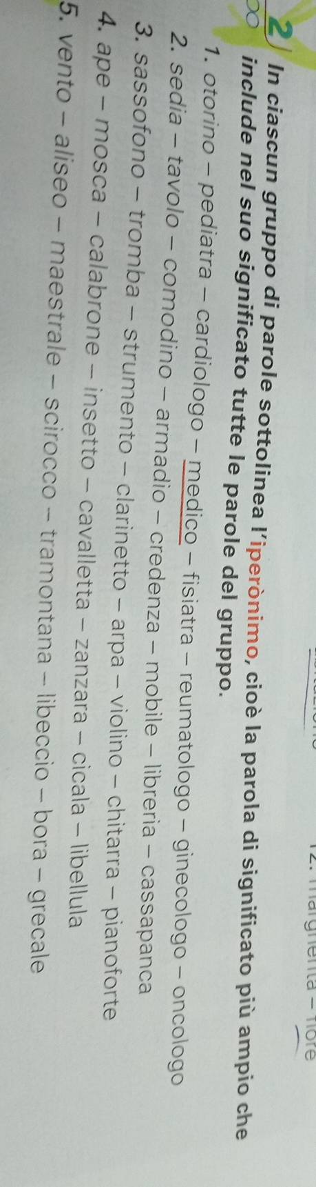 margnenta - nöre 
2In ciascun gruppo di parole sottolinea l’iperònimo, cioè la parola di significato più ampio che 
D0 include nel suo significato tutte le parole del gruppo. 
1. otorino - pediatra - cardiologo - medico - fisiatra - reumatologo - ginecologo - oncologo 
2. sedia - tavolo - comodino - armadio - credenza - mobile - libreria - cassapanca 
3. sassofono - tromba - strumento - clarinetto - arpa - violino - chitarra - pianoforte 
4. ape - mosca - calabrone - insetto - cavalletta - zanzara - cicala - libellula 
5. vento - aliseo - maestrale - scirocco - tramontana - libeccio - bora - grecale