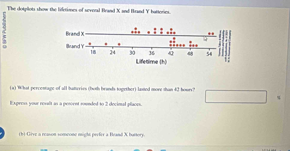 The dotplots show the lifetimes of several Brand X and Brand Y batteries. 
(a) What percentage of all batteries (both brands together) lasted more than 42 hours?
%
Express your result as a percent rounded to 2 decimal places. 
(b) Give a reason someone might prefer a Brand X battery.