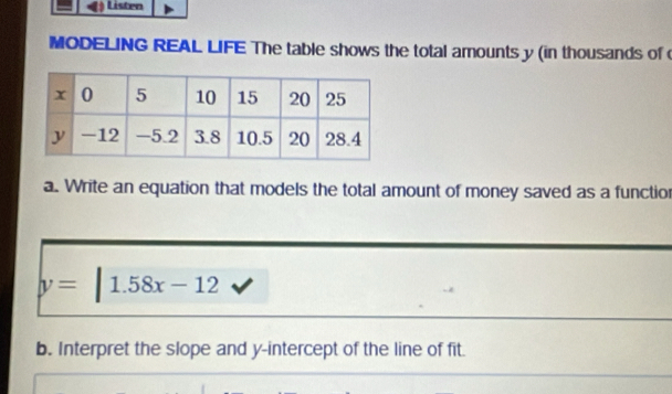 Listen 
MODELING REAL LIFE The table shows the total amounts y (in thousands of 
a. Write an equation that models the total amount of money saved as a functior
y=|1.58x-12
b. Interpret the slope and y-intercept of the line of fit.