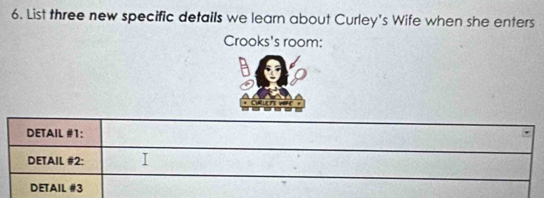 List three new specific details we learn about Curley's Wife when she enters 
Crooks's room: 
cuts wre 
DETAIL #1: 
DETAIL #2: 
DETAIL #3