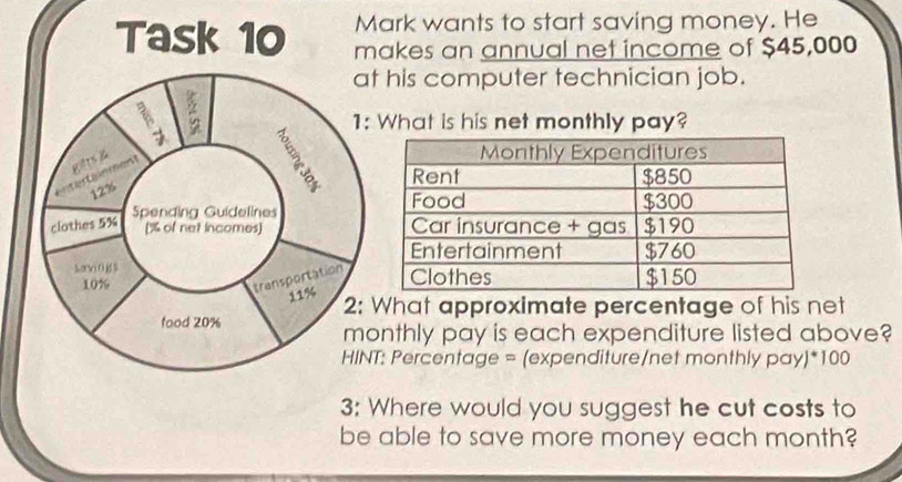 Mark wants to start saving money. He 
Task 10 makes an annual net income of $45,000
at his computer technician job. 
i 
1: What is his net monthly pay? 

tertainment Bfts
12%
Spending Guidelines 
clothes 5%
[ % of net incomes] 
Lavings
10%
transportation
11%
2: What approximate percentage of his net 
food 20%
monthly pay is each expenditure listed above? 
HINT: Percentage = (expenditure/net monthly pay)*100 
3: Where would you suggest he cut costs to 
be able to save more money each month?