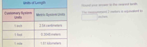 Round your answer to the nearest tenth 
The measurement 2 meters is equivalent to
inches