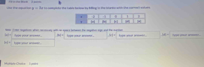 Fill in the Blank 2 points 
Use the equation y=2x to complete the table below by filling in the blanks with the correct values. 
Note: Enter negatives when necessary with no space between the negative sign and the number
[a]= type your answer... (b)= type your answer... ,[c]= type your answer... [d]= type your answer..
[e]= type your answer... 
Multiple Choice 1 point