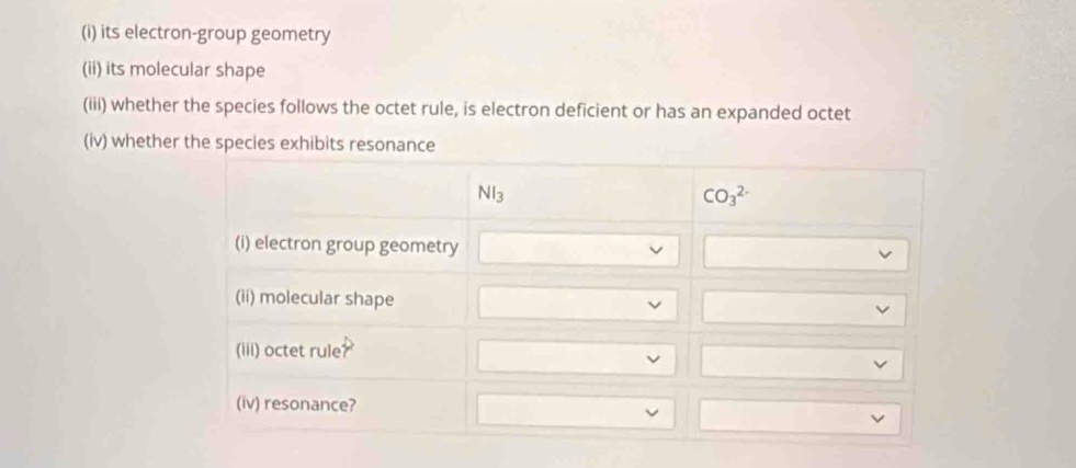 its electron-group geometry
(ii) its molecular shape
(iii) whether the species follows the octet rule, is electron deficient or has an expanded octet
(iv) whether the species exhibits res