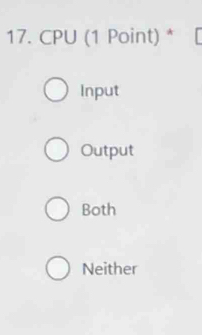 CPU (1 Point) *
Input
Output
Both
Neither