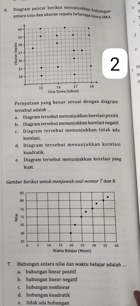 b-
6. Diagram pencar berikut menunjukkan hubungan r
antara usia dan ukuran sepatu beberapa siswa SMA.
C
d.

2 pe
hu
re
Pernyataan yang benar sesuai dengan diagram
tersebut adalah ...
a. Diagram tersebut menunjukkan korelasi positif.
b. Diagram tersebut menunjukkan korelasi negatif.
c. Diagram tersebut menunjukkan tidak ada
korelasi.
d. Diagram tersebut menunjukkan korelasi
kuadratik.
e. Diagram tersebut menunjukkan korelasi yang
kuat.
Gambar berikut untuk menjawab soal nomor 7 dan 8.
7. Hubungan antara nilai dan waktu belajar adalah ...
a. hubungan linear positif
b. hubungan linear negatif
c. hubungan nonlinear
d. hubungan kuadratik
e. tidak ada hubungan