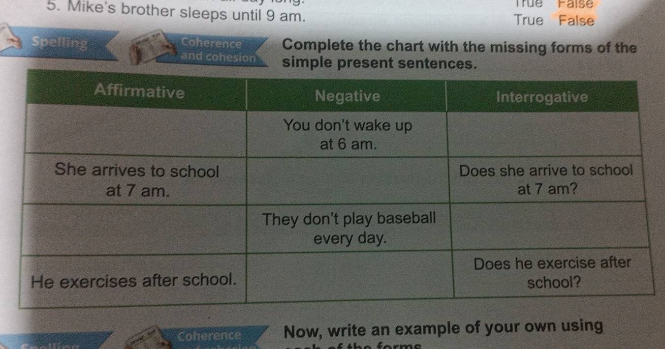 True Faise
5. Mike's brother sleeps until 9 am. True False
Spelling Coherence Complete the chart with the missing forms of the
and cohesion simple present sentences.
Coherence Now, write an example of your own using