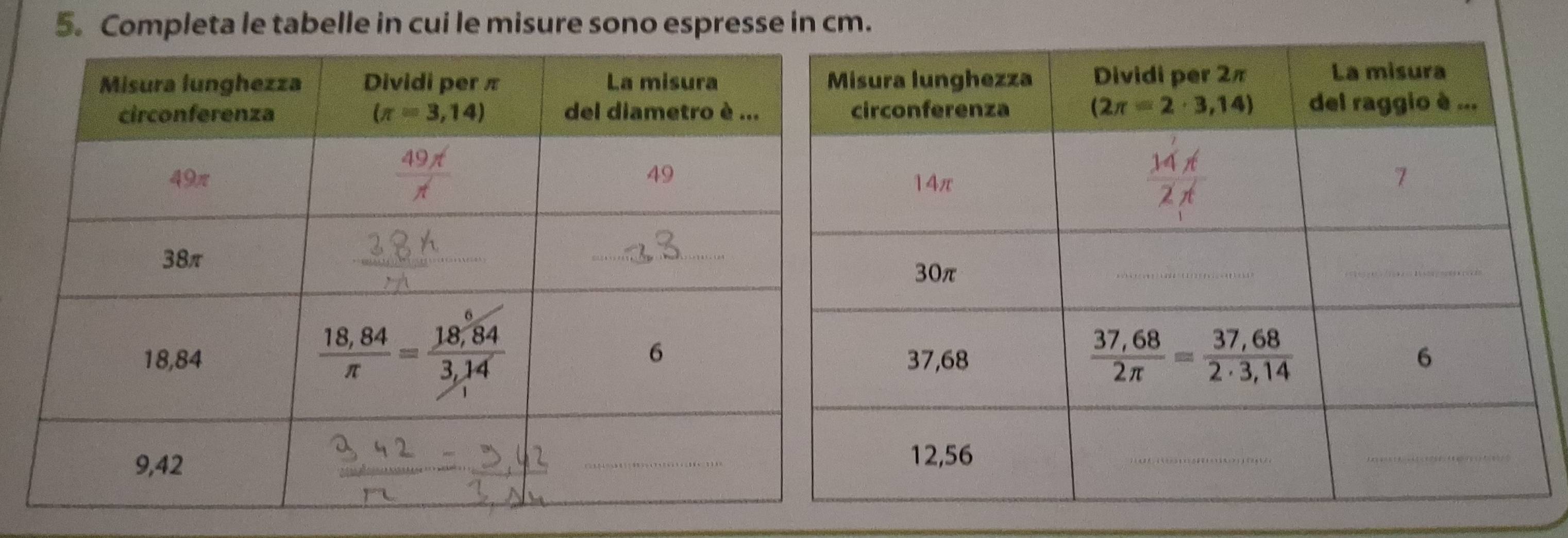 Completa le tabelle in cui le misure sono espresse in cm.