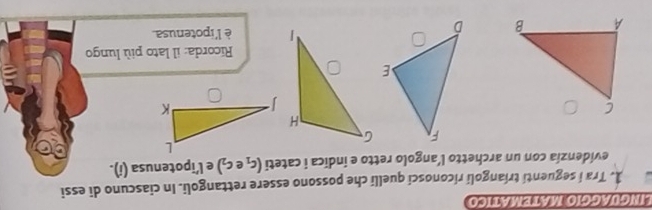inguágcío Máte mático 
1. Tra i seguenti tríangoli riconosci quelli che possono essere rettangoli. In ciascuno di essi 
evidenzía con un archetto l’angolo retto e indica i cateti (c_1 e l’ipotenusa (i). 
Ricorda: il lato più lungo 
è l'ipotenusa.
