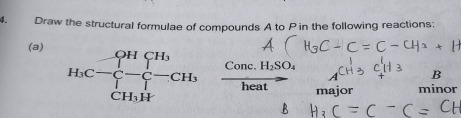 Draw the structural formulae of compounds A to P in the following reactions; 
(a) 
B
H_3C-beginarrayl OHCH_3 prodlimits _CH_3H^C-CH_3 CH_3Hendarray. frac Conc.H_2SO_4heat major minor