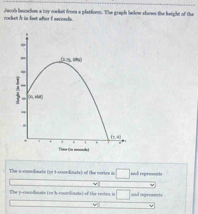 Jacob launches a toy rocket from a platform. The graph below shows the height of the
rocket h in feet after t seconds.
The x-coordinate (or t-coordinate) of the vertex is and represents
The y-coordinate (or h-coordinate) of the vertex is and represents