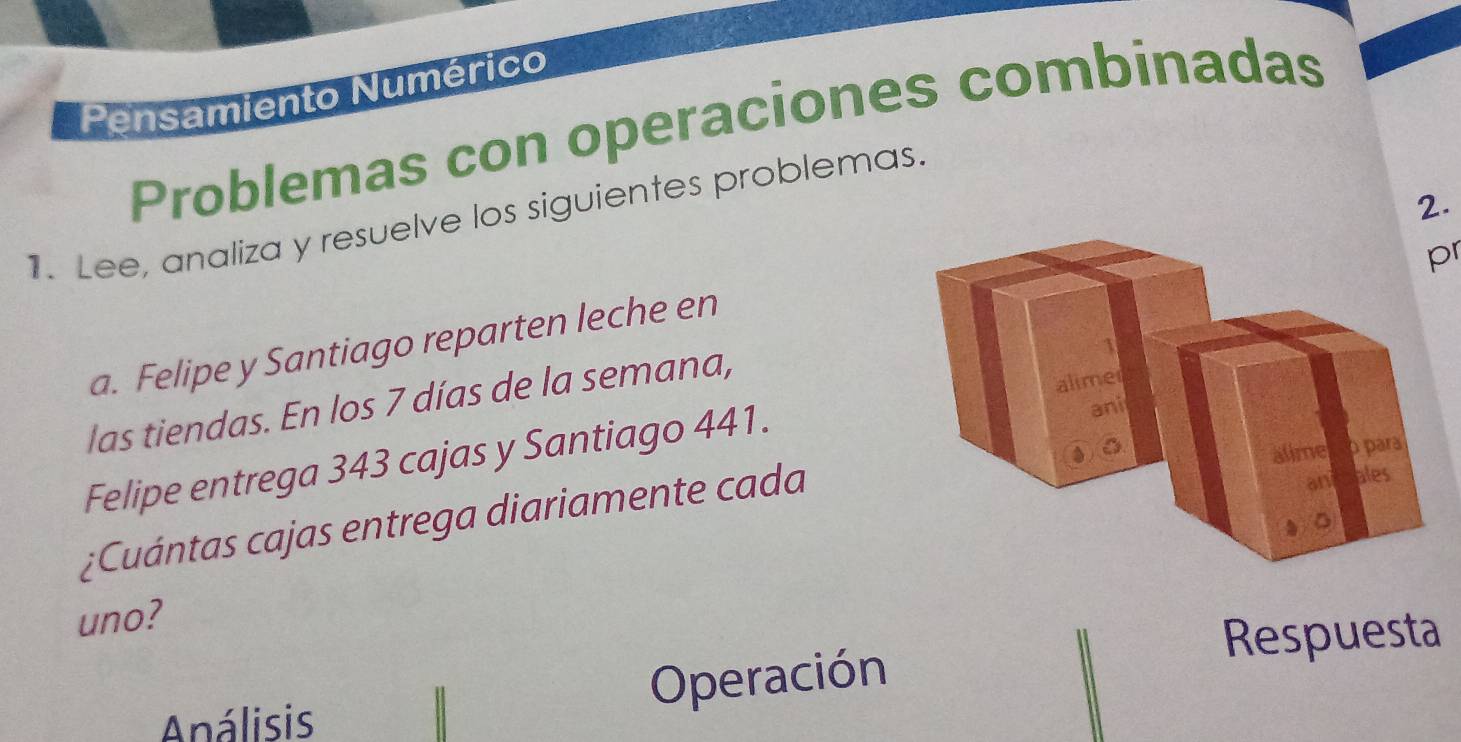 Pensamiento Numérico 
Problemas con operaciones combinadas 
1. Lee, analiza y resuelve los siguientes problemas. 
pr 
a. Felipe y Santiago reparten leche en2. 
las tiendas. En los 7 días de la semana, 
Felipe entrega 343 cajas y Santiago 441. 
¿Cuántas cajas entrega diariamente cada 
uno? 
Respuesta 
Análisis Operación