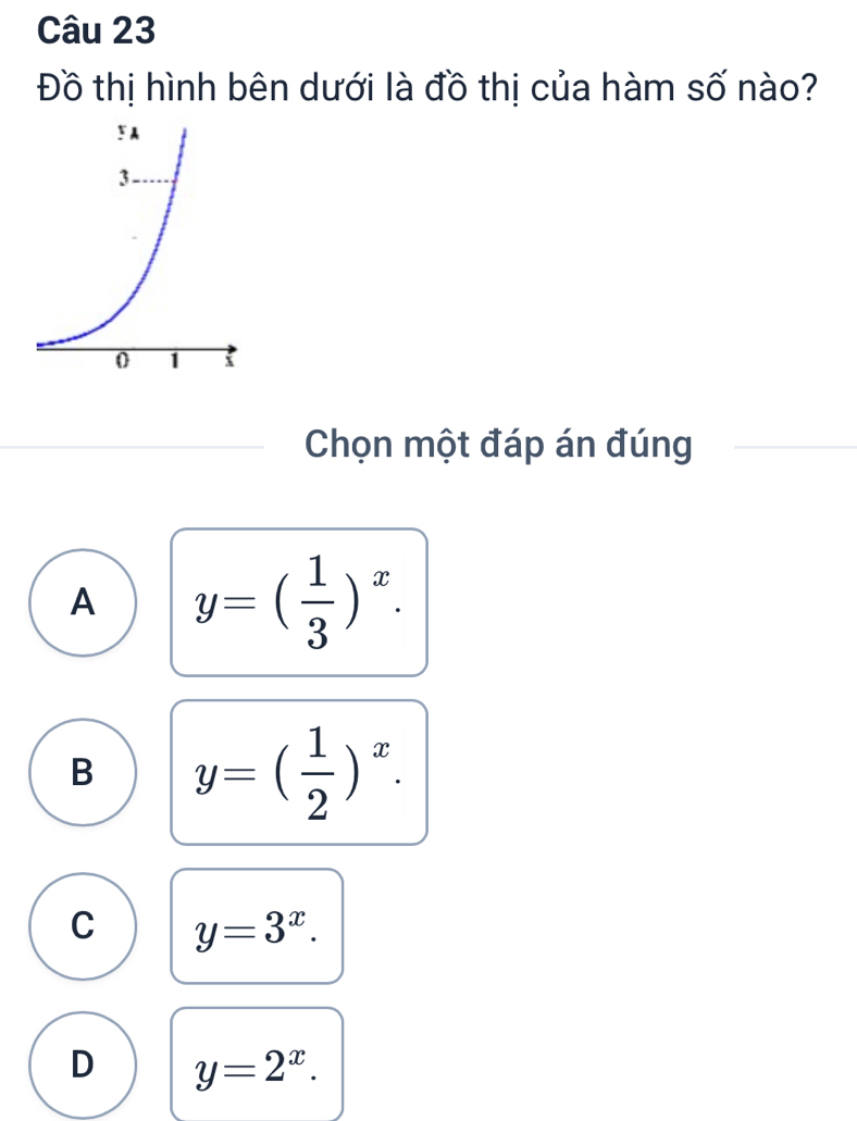 Đồ thị hình bên dưới là đồ thị của hàm số nào?
Chọn một đáp án đúng
A y=( 1/3 )^x.
B y=( 1/2 )^x.
C y=3^x.
D y=2^x.