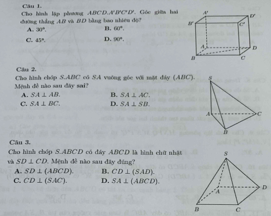 Cho hình lập phương ABCD. A'B'C'D' Góc giữa hai
đường thẳng AB và BD bằng bao nhiều độ?
B.
A. 30°. 60°.
D.
C. 45°. 90°.
Câu 2.
Cho hình chóp S.ABC có SA vuông góc với mặt đáy (ABC).
Mệnh đề nào sau đây sai?
A. SA⊥ AB. B. SA⊥ AC.
C. SA⊥ BC. D. SA⊥ SB.
Câu 3.
Cho hình chóp S.ABCD có đầy ABCD là hình chữ nhật
và SD⊥ CD 7. Mệnh đề nào sau đãy đúng?
A. SD⊥ (ABCD). B. CD⊥ (SAD).
C. CD⊥ (SAC). D. SA⊥ (ABCD).