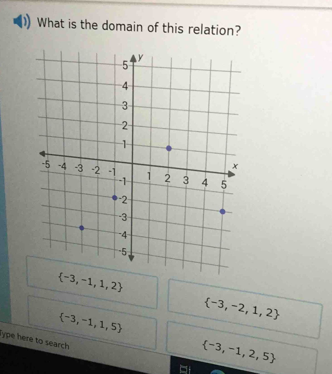 What is the domain of this relation?
 -3,-1,1,2
 -3,-2,1,2
 -3,-1,1,5
Type here to search
 -3,-1,2,5