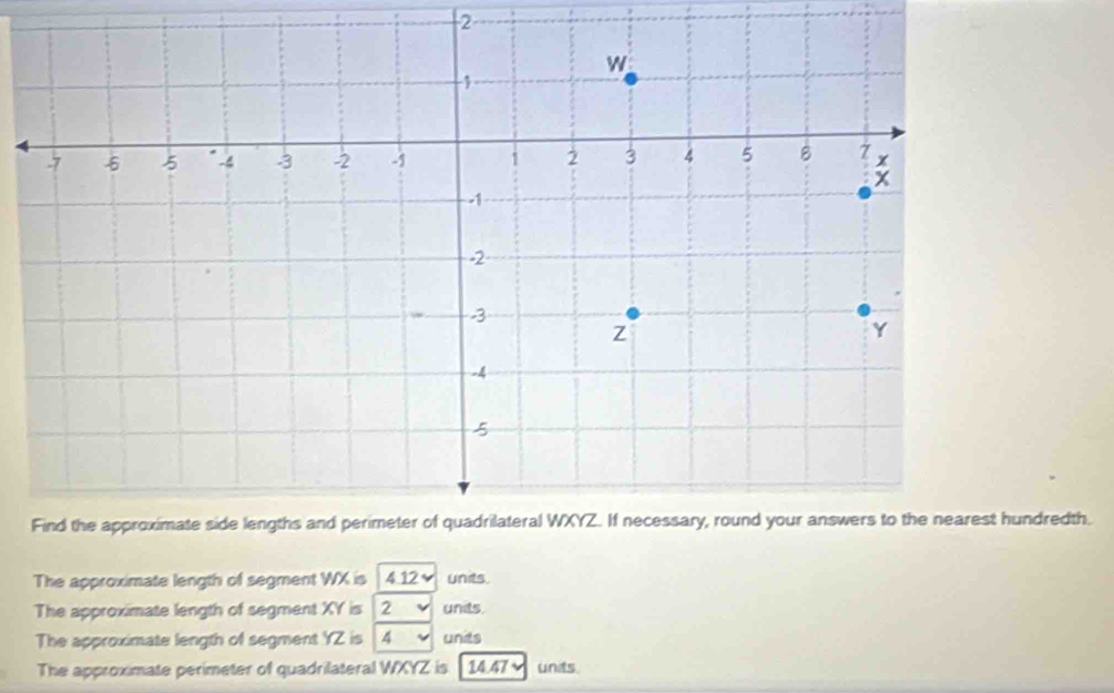 dredth. 
The approximate length of segment WX is 4.12 units. 
The approximate length of segment XY is 2 v units. 
The approximate length of segment YZ is 4 v unds 
The approximate perimeter of quadrilateral WXYZ is 14.47 units.