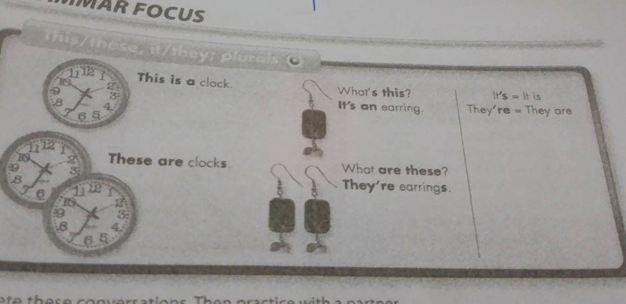 MAR FOCUS 
This/these, it/they; plurals
11 1 I This is a clock. 
n 2
9 3
What's this?
lt's=ltis
8 4 It's an earring. They re= They are
7 6 5.
11 12 I
10 2 These are clocks. What are these?
3
8
6 11 12
They're earrings.
2
i9 3
8
I 6 5
a o th e s e con ver s atio n s Th e n pract ic e with a par t n er