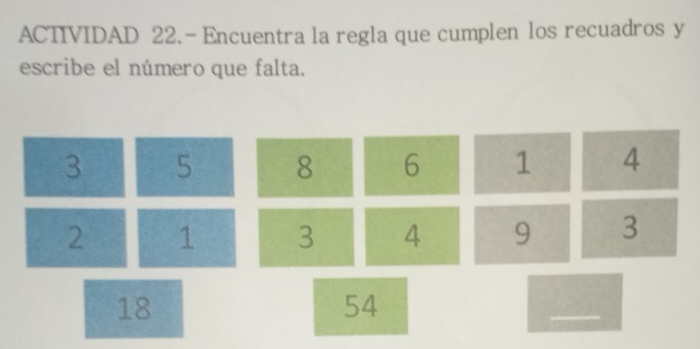 ACTIVIDAD 22.-Encuentra la regla que cumplen los recuadros y 
escribe el número que falta.
3 5 8 6 1 4
2 1 3 4 9 3
18
54