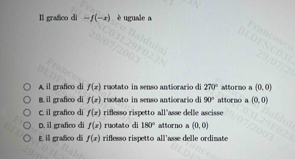 Il grafico di -f(-x) è uguale a
A il grafico di f(x) ruotato in senso antiorario di 270° attorno a (0,0)
B. il grafico di f(x) ruotato in senso antiorario di 90° attorno a (0,0)
C. il grafico di f(x) riflesso rispetto all'asse delle ascisse
D. il grafico di f(x) ruotato di 180° attorno a (0,0)
E. il grafico di f(x) riflesso rispetto all'asse delle ordinate