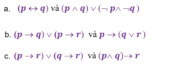 (prightarrow q) và (pwedge q)vee (neg pwedge neg q)
b. (pto q)vee (pto r) và pto (qvee r)
C. (pto r)vee (qto r) và (pwedge q)to r