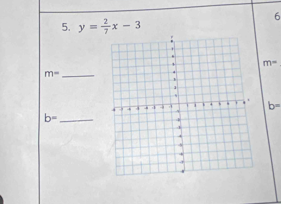 6 
5. y= 2/7 x-3
m=
m= _
b=
_ b=